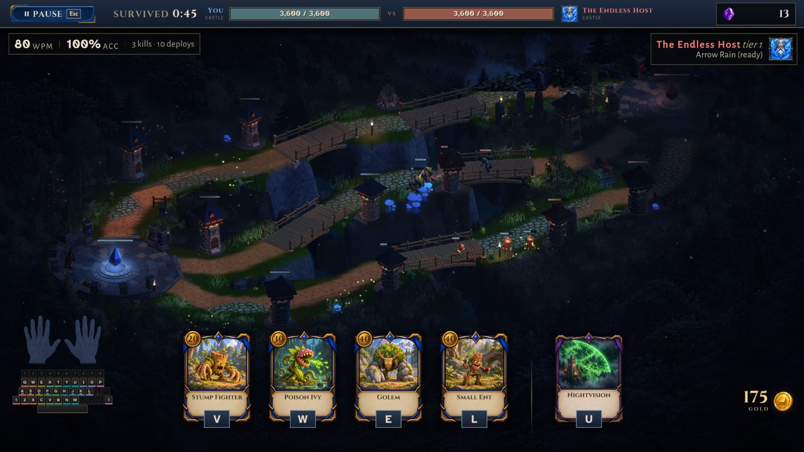 A Keystrike battle with the three-lane map and character cards