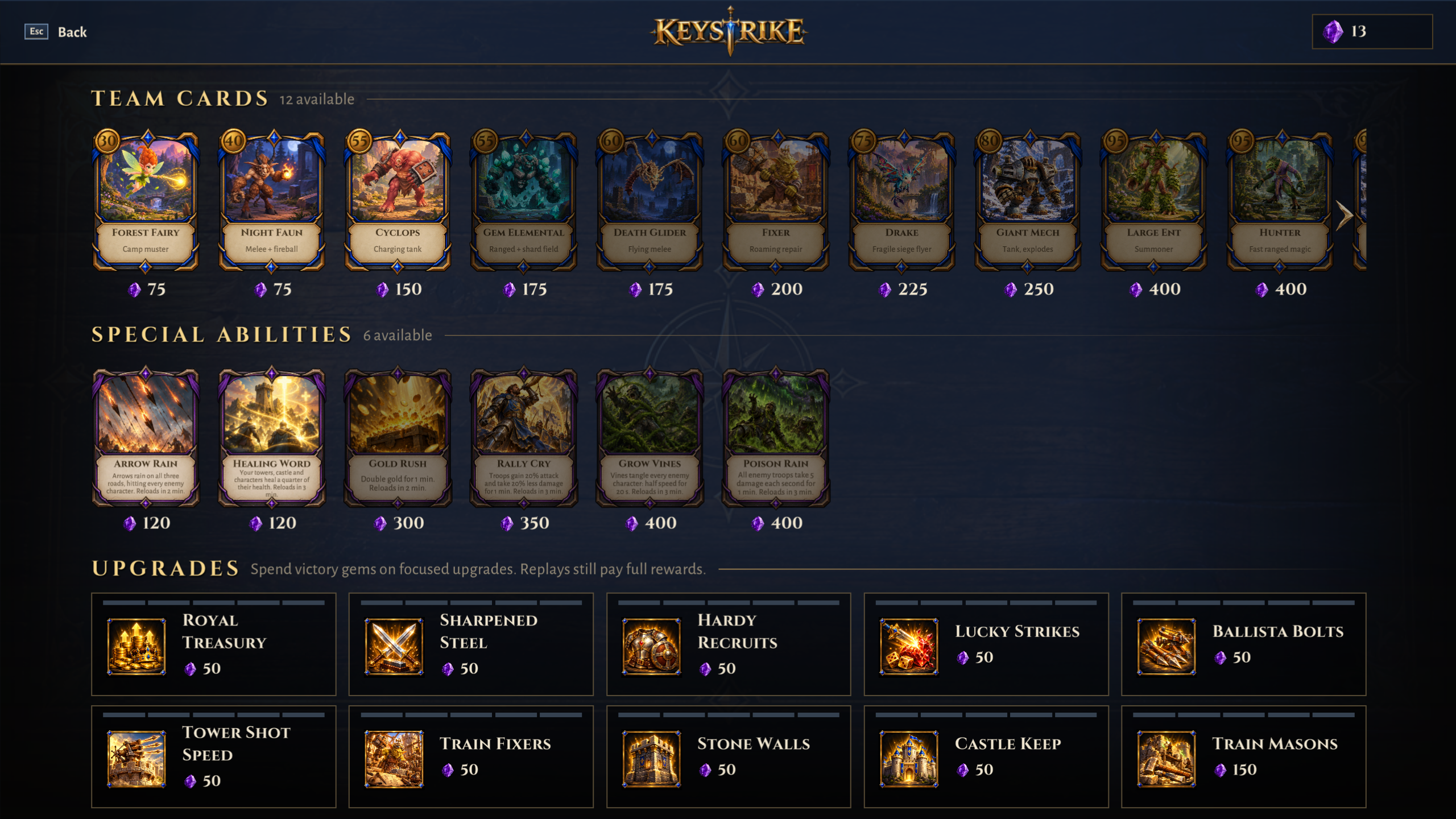 Cards, abilities and upgrades