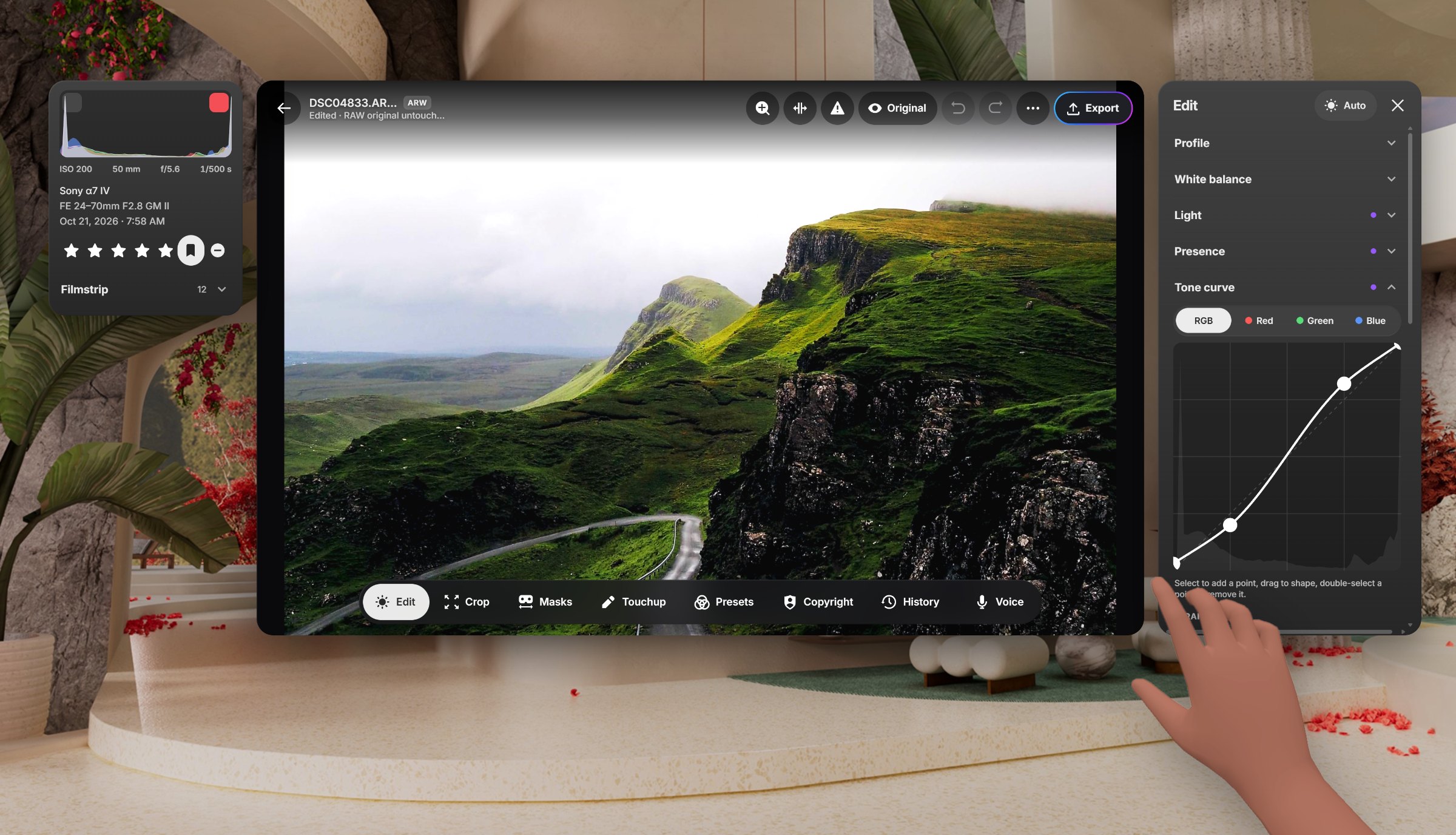 Editing a RAW photo in ShutterBase